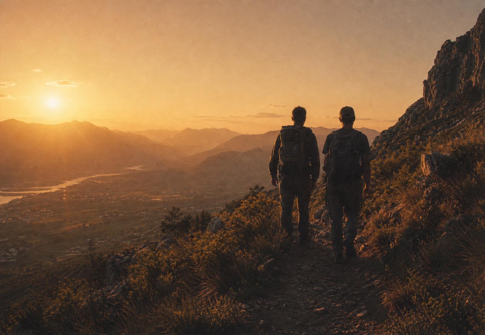 Two friends hiking at sunrise overlooking a valley