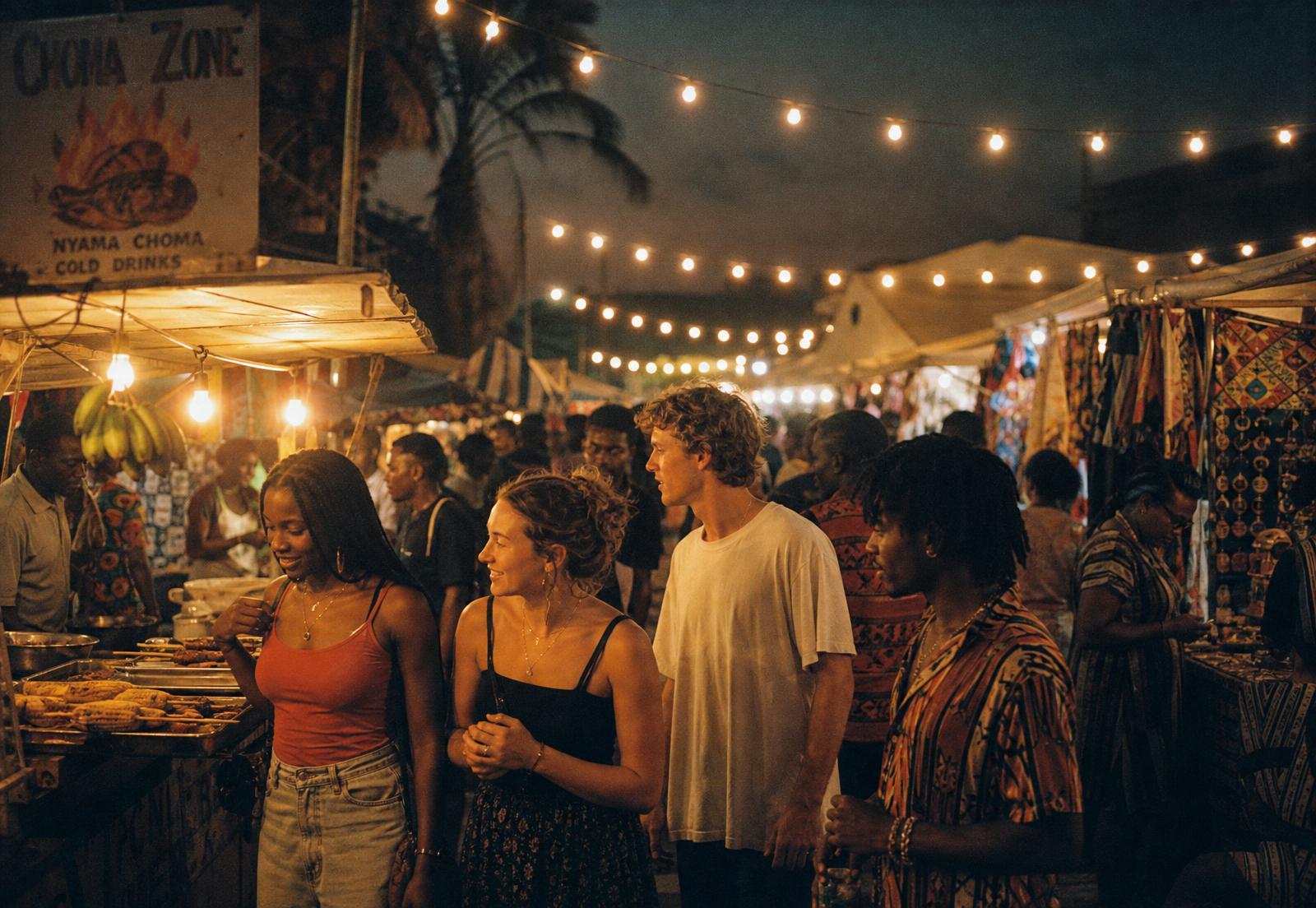 Vibrant night market with string lights and friends browsing stalls