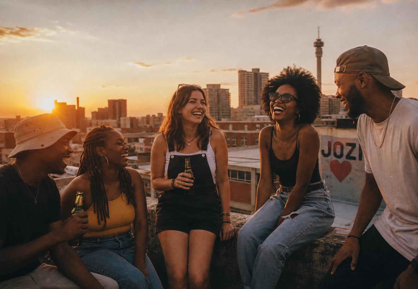 Friends laughing on a Johannesburg rooftop at golden hour